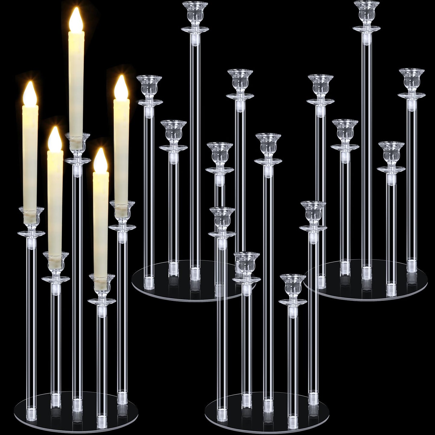Layhit 4 Sets Acrylic Candelabra Candle Holder 5 Arm Wedding Table Centerpiece 18.1" Tall Acrylic Clear Candle Holder with Base Candlesticks Decoration for Father Day Graduation Party, Fit 0.87'' Led