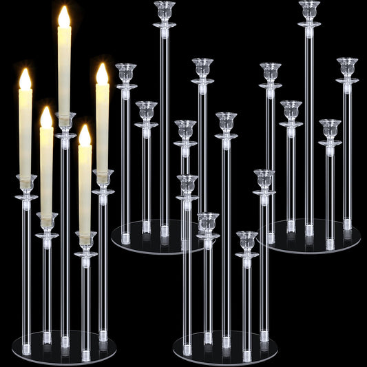 Layhit 4 Sets Acrylic Candelabra Candle Holder 5 Arm Wedding Table Centerpiece 18.1" Tall Acrylic Clear Candle Holder with Base Candlesticks Decoration for Father Day Graduation Party, Fit 0.87'' Led