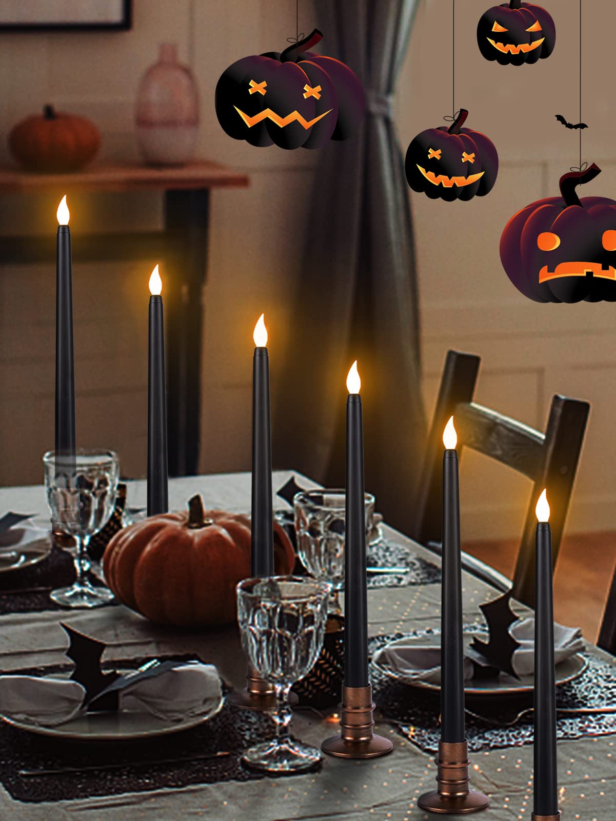 Alphatool 6 Packs Halloween Black LED Flameless Candles with Bases - Flicker Flame, Tall Taper Smokeless Dripless Candles, Decor for Fireplace Diningtable Bar School