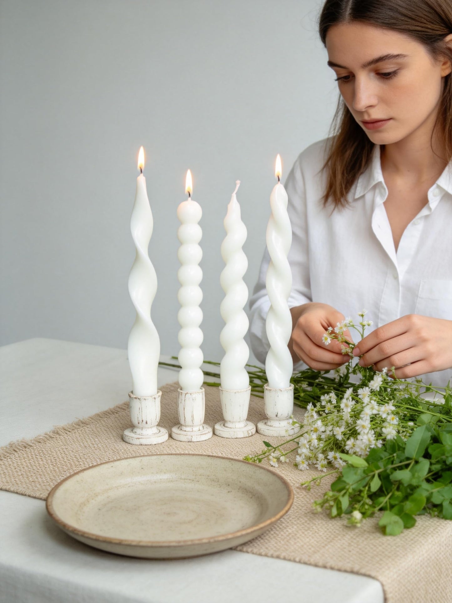 White Spiral Taper Candles Short Candle Unscented Smokeless Twisted Candlesticks for Christmas Table Decor Holiday Dinner Party-7.5inch-12pack
