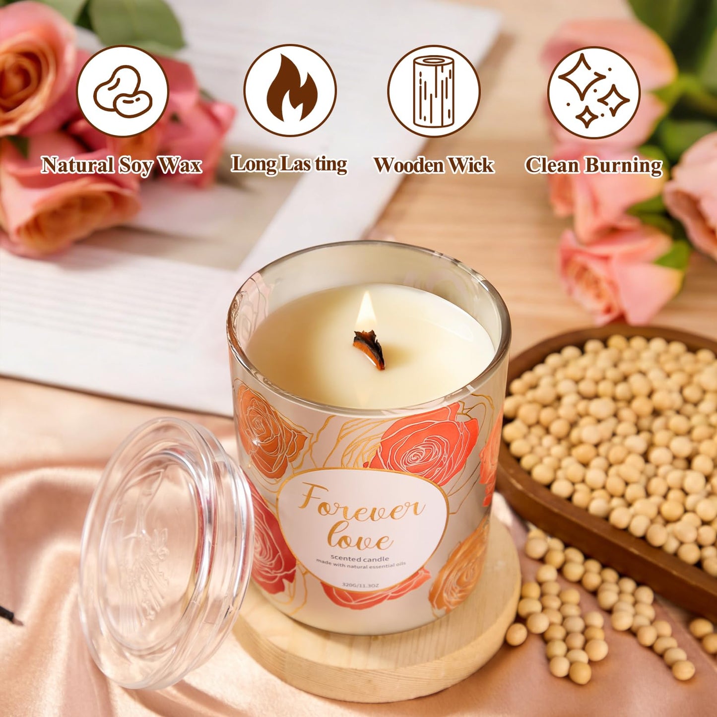 2 Pack Wood Wick Soy Wax Candle Gift Set for Women, Rose & Peony and Vanilla Amber, 11.3 Oz Each, Individually Boxed