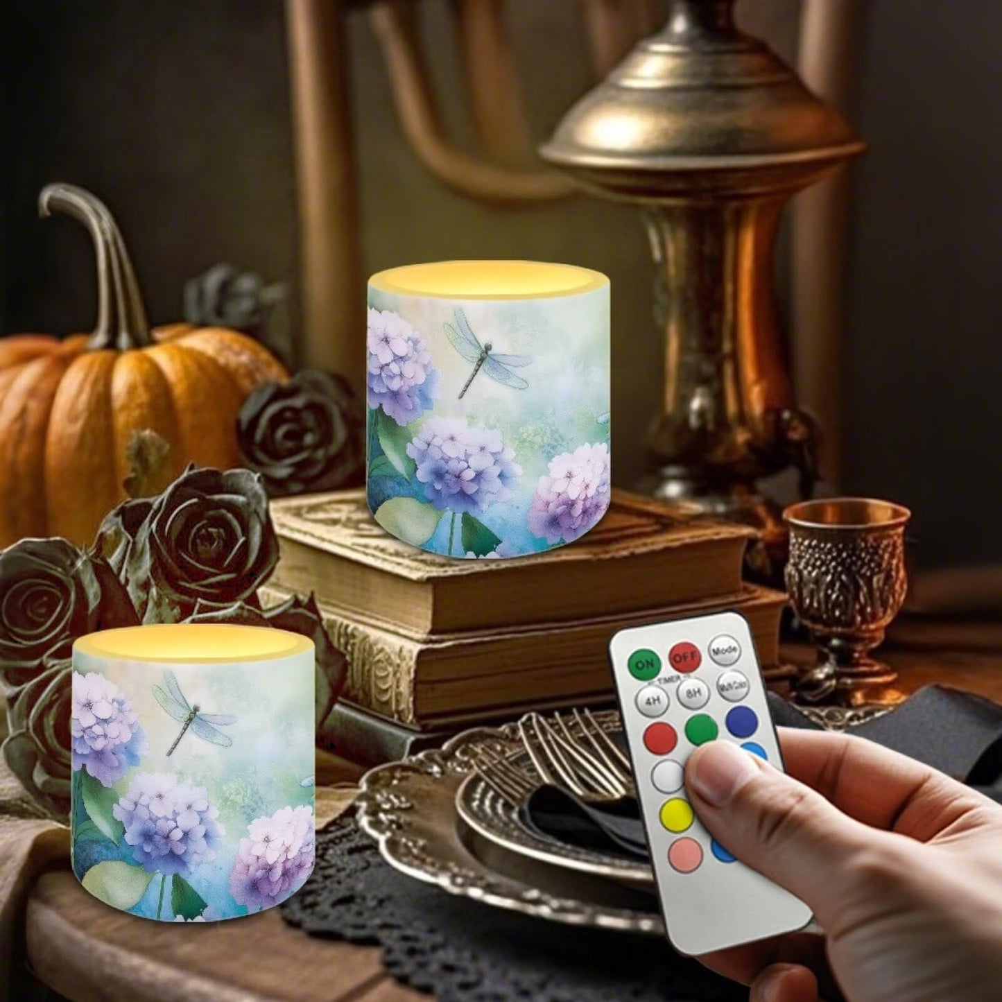 Cozeyat Hydrangea Dragonfly Elegant Flameless Candles 4 Pack Waterproof Battery Operated LED Pillar Candles with Remote Control Timer for Home Patio Garden Decoration