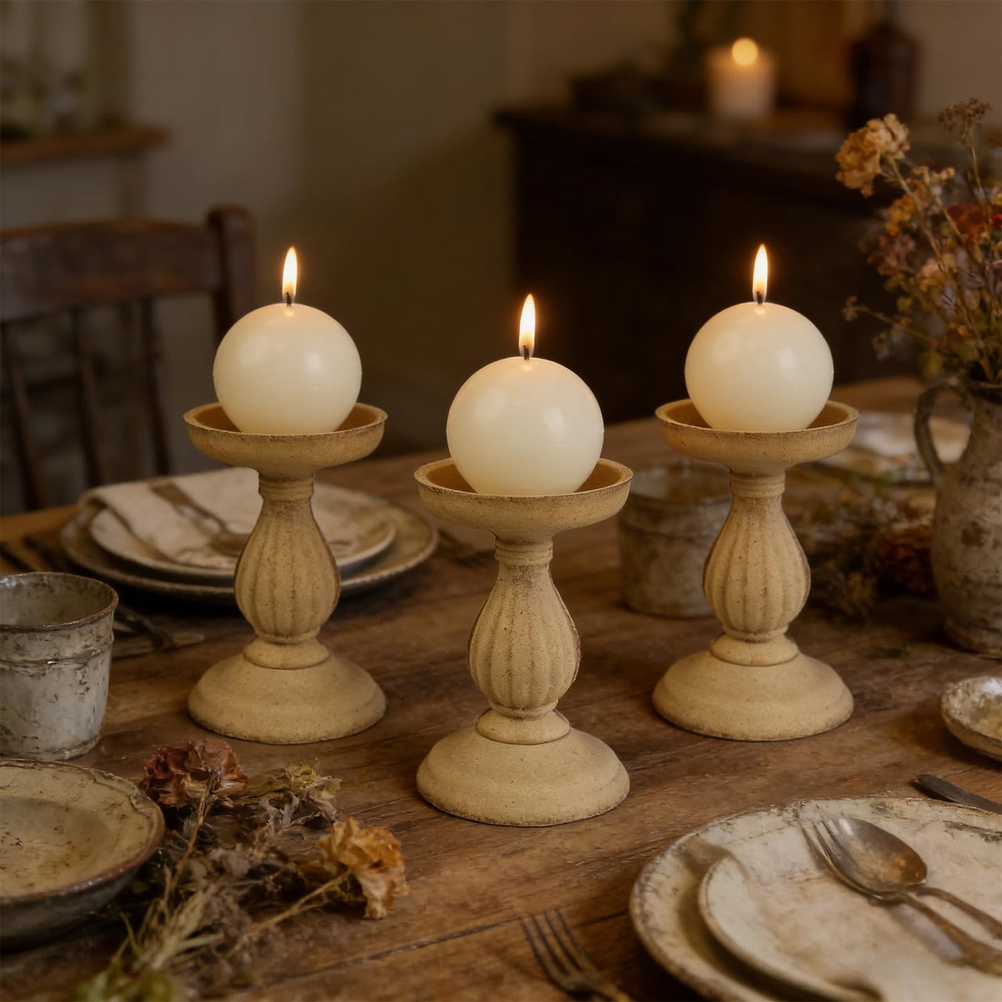 Ivory Ball Pillar Candles Set of 3 – 3" Unscented Round Sphere Candles, Hand-Poured for Weddings, Home Decor & Centerpieces, 40-Hour Dripless Burn