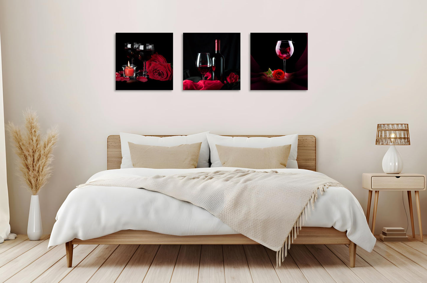 OWNANRTHM Rose Wine Picture Red Wine Rose and Candle Picture Painting Wall Art Red Wine Glass Canvas Wall Art for Living Room Bedroom Home Wall Decor Stretched and Framed 12" x 12" x 3 Pieces