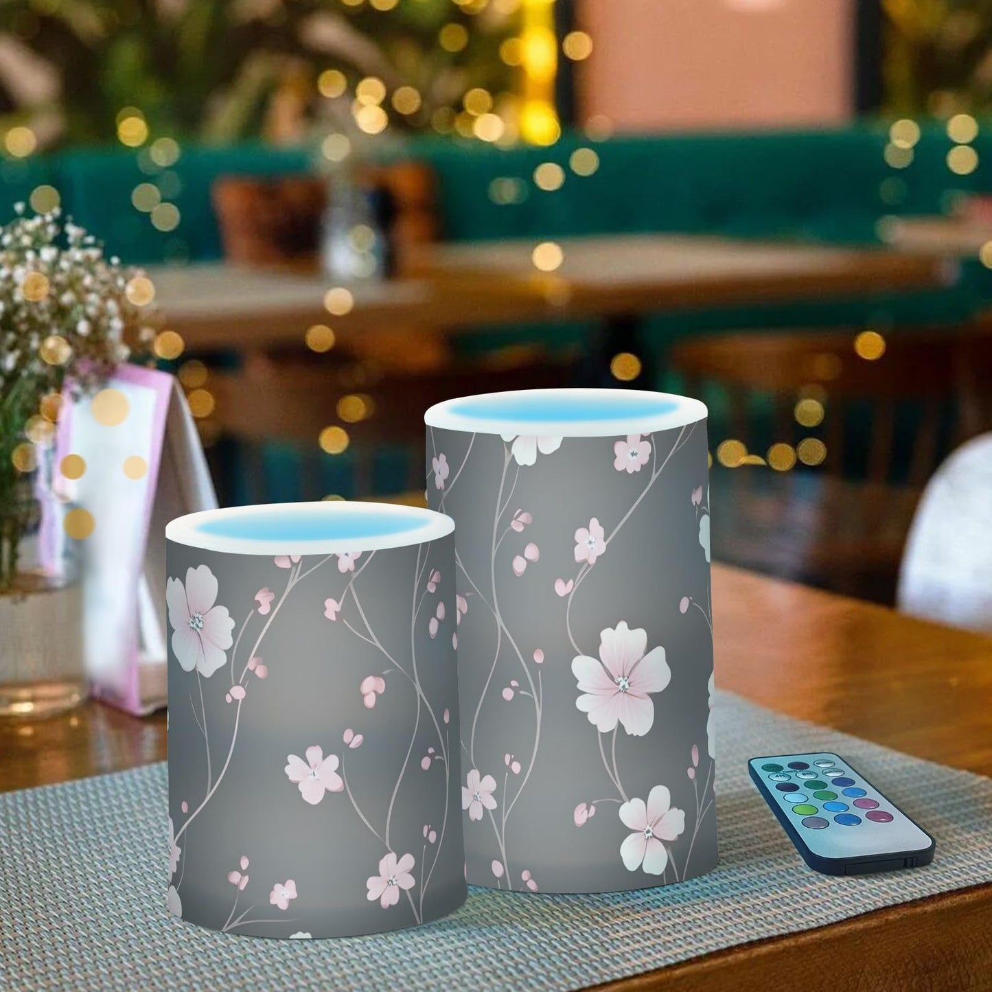 ALAZA Pink Cherry Blossom Flower Pattern Flameless Candles Flickering LED Candles with Remote Timer Battery Operated Pillar Candles Set of 2 for Dinner Holiday Decor