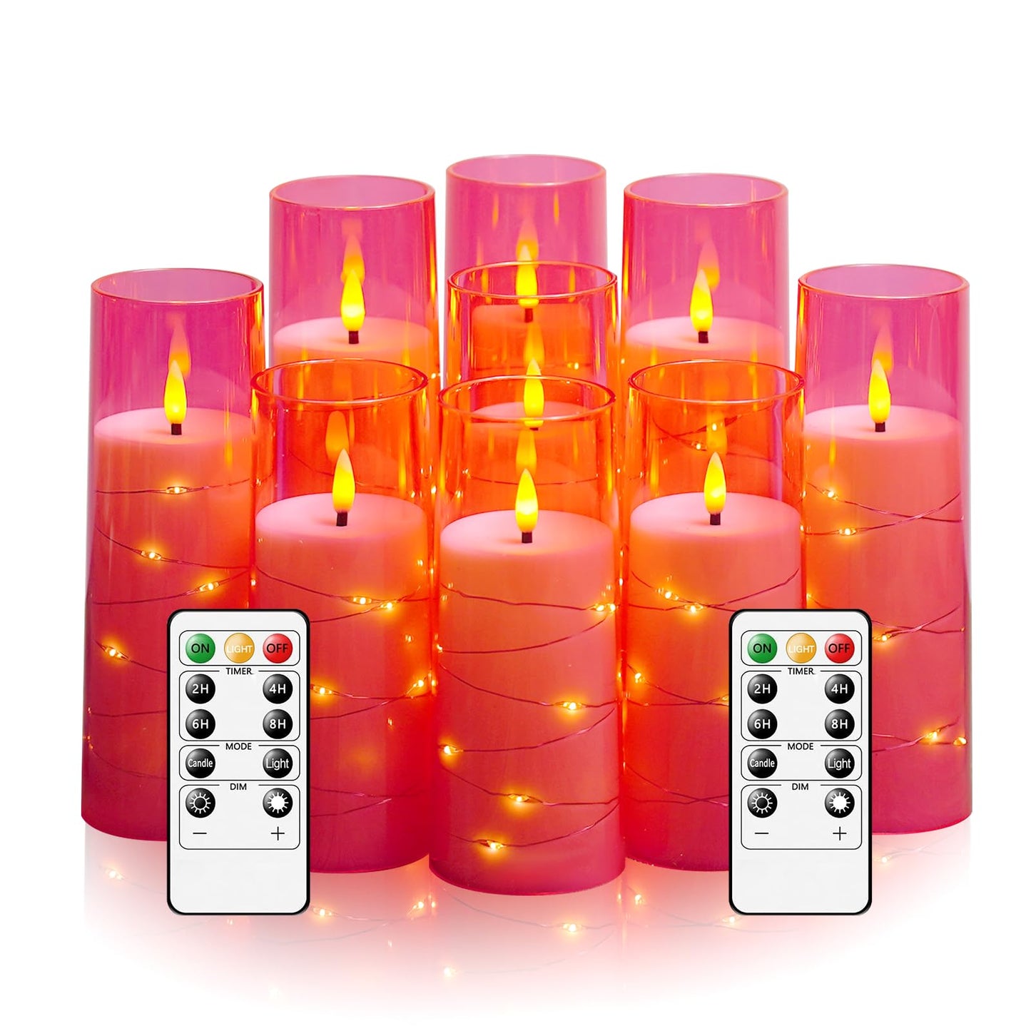 kakoya Flameless LED Candles with Timer 9 Pc Flickering Flameless Candles for Romantic Ambiance and Home Decoration Stable Acrylic Shell,with Embedded Star String，Battery Operated Candles(Pink)
