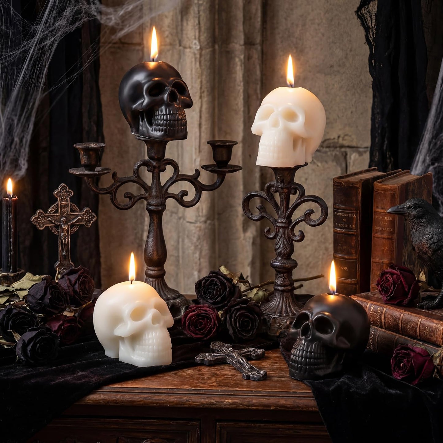 Nuanchu 4 Pcs Goth Candles Set Black and White Medium Skull Gothic Candles Vegetable Wax Candlestick Goth Home Decor for Halloween Xmas Haunted House Decoration