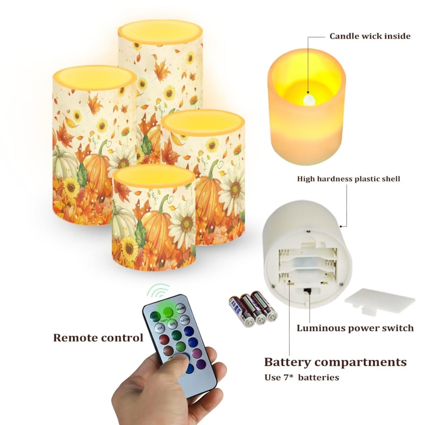 Merkmak Pack of 4 Thanksgiving Flickering Remote Flameless Candles Bulk Fall Sunflower Pumpkin Leaves Print Battery Operated LED Pillar Candles with Timer for Home Party Decoration