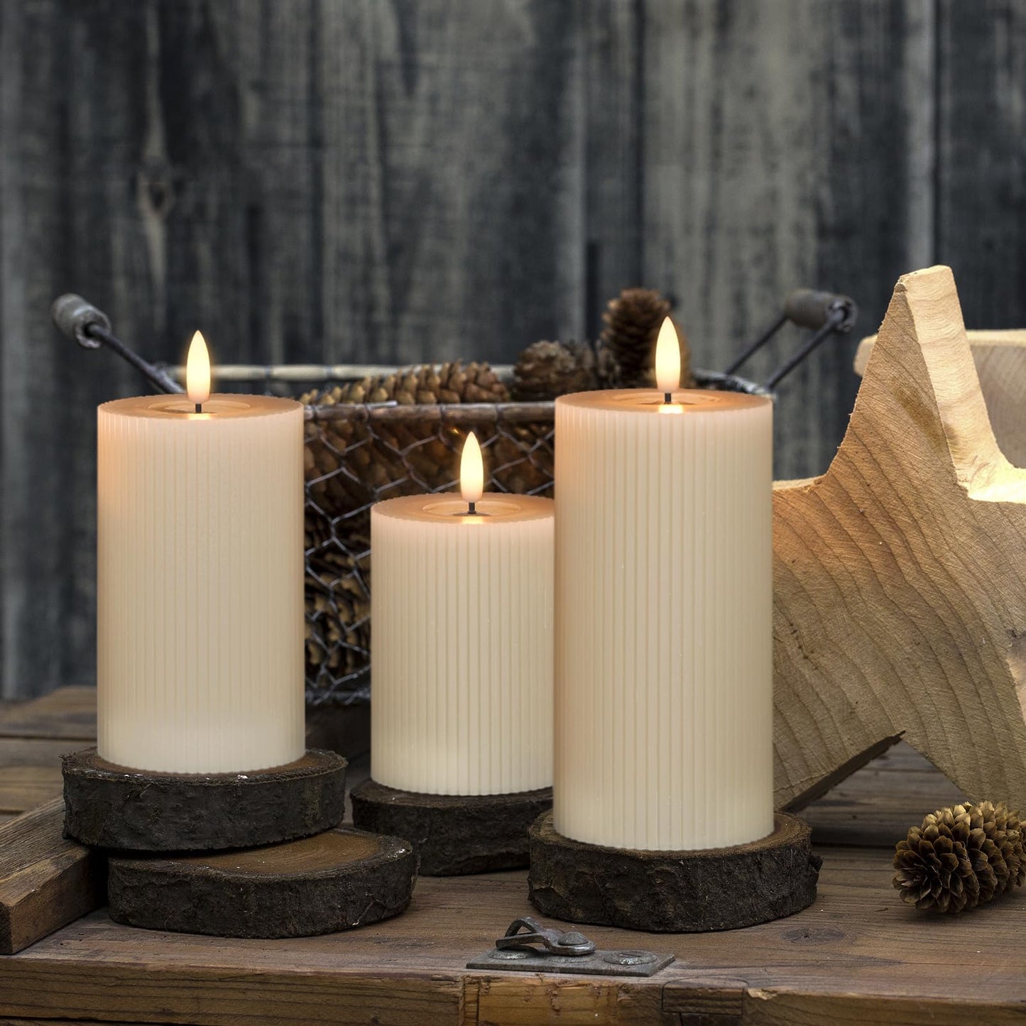 Eldnacele Vertical Stripe Pillar Flameless Candles with 6 Hours Timer, Battery Operated 3D Wick Flickering Warm Lights Real Wax Gray LED Candles Dinner Indoor Holiday Christmas Decor(3Pcs,3"×5"/6"/7")