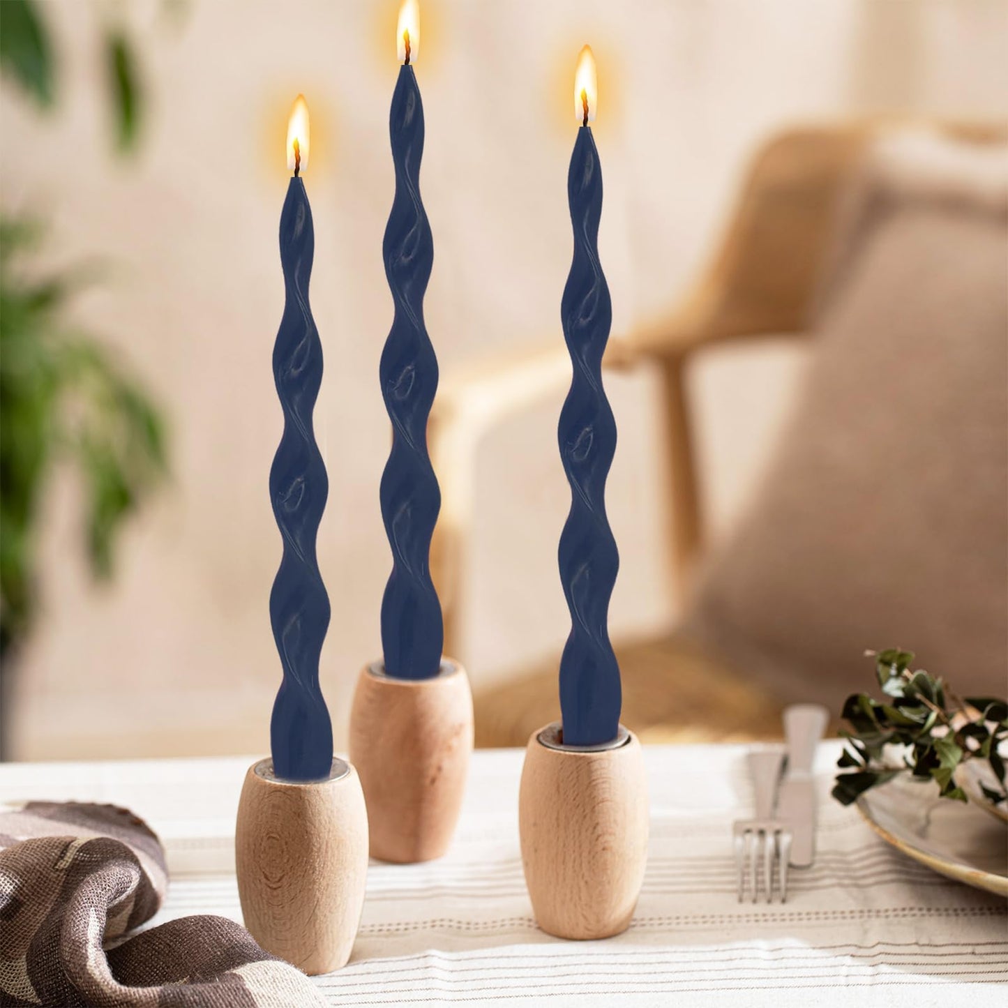 NJAO HOO Navy Spiral Taper Candles 10 Inch Twisted Candlesticks Unscented Ripple Tapered Candles Set for Dinner Table Decor Party Wedding, 4 Pcs
