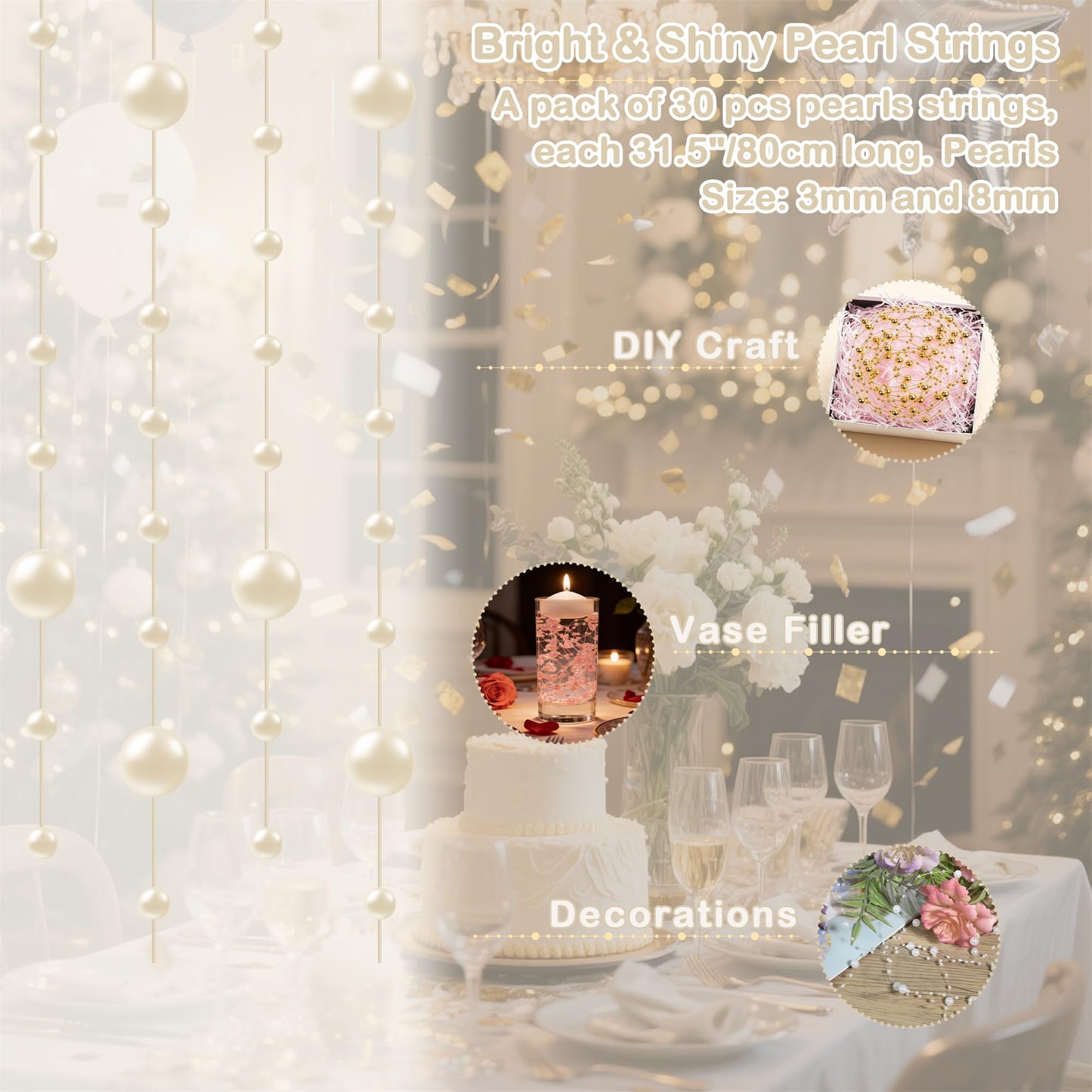 YATOJUZI 30 PCS Artificial Pearl String Beige Vase Filler Floating Pearls for Vases Centerpieces Faux Pearl Beads String Decorations Wedding Holiday Party Decor
