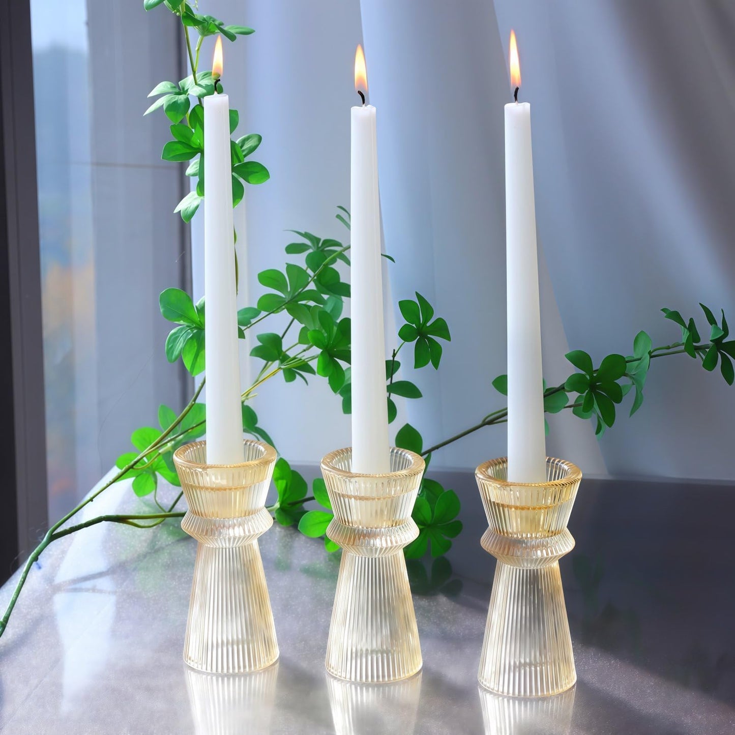 VOHO Gold Candlestick Holders for Holiday Decor, Set of 3 Ribbing Glass Taper Candle Holders Classy for Wedding Christmas Table Centerpieces, Gold Candle Holders for Candle Sticks & Tealight Candles