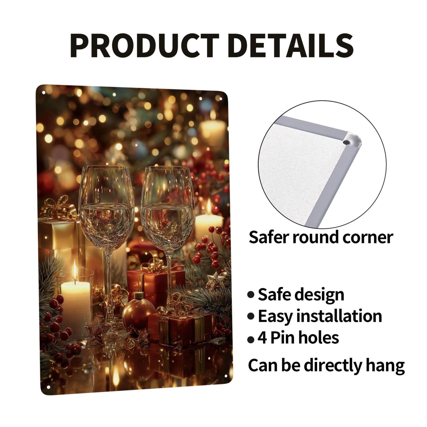 MA6GE8DE Two Wine Glasses With Candles, Gifts, Pine Sprigs And Berries, Warm Bokeh Glow,Metal Tin Plaque Sign, Ideal For Living Room And Bar Club, Gifts For Friends And Family 6x8 Inch