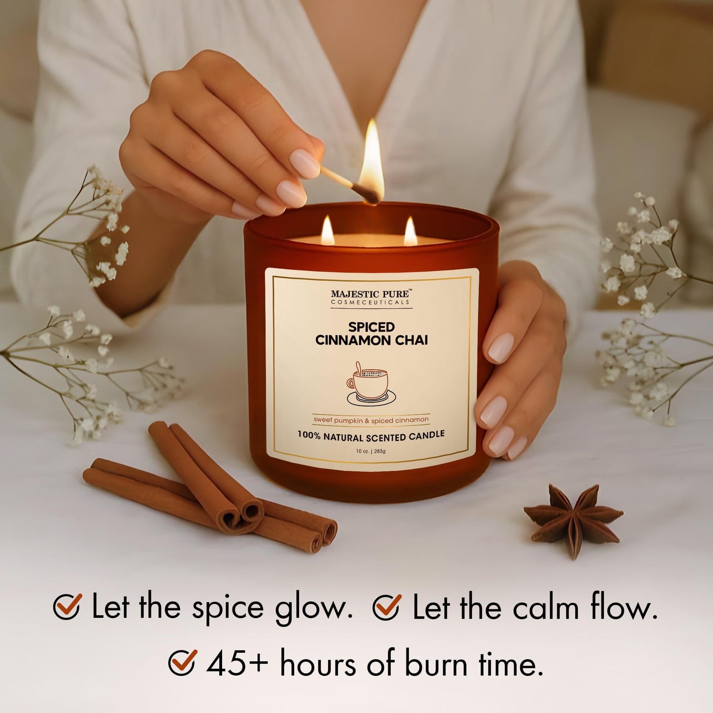 Majestic Pure Pumpkin Cinnamon Scented Candle with Upto 45+ Hrs Burn Time, 2-Wick Candle, Soy Wax Blend for Cleaner Consistent Burn, 10 oz Jar Candle with Room Filling Fragrance, Spiced Chai