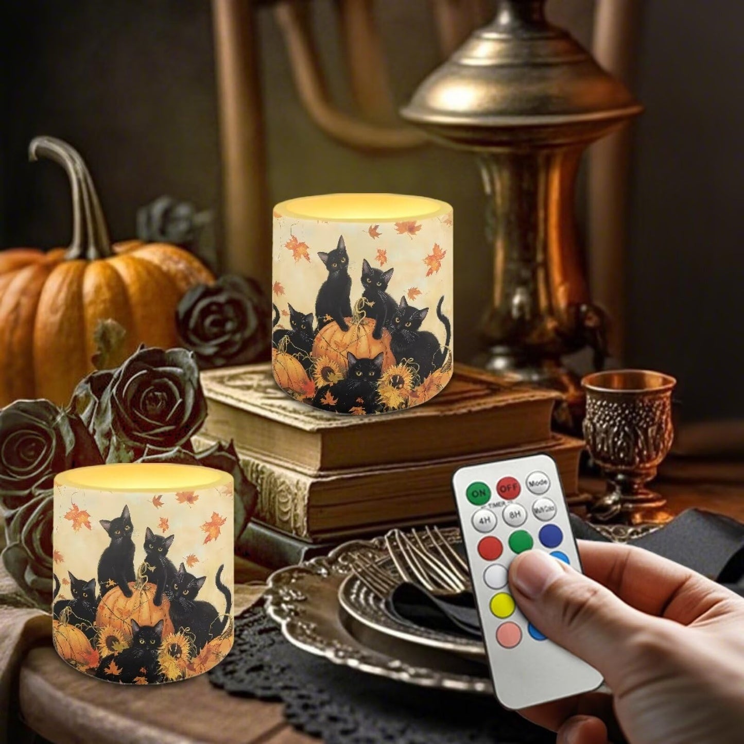 Cozeyat Halloween Cat Flameless Candles 4 Pack Battery Operated LED Pillar Candles with Remote Control Timer Waterproof for Indoor Outdoor Home