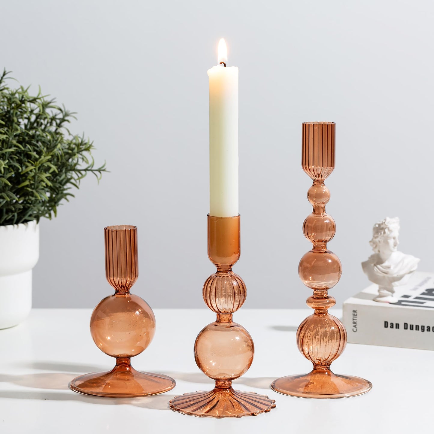 Glasseam Candle Sticks Holder Decor: Amber Glass Candle Holders Set of 3 Modern CandleHolders for Taper Candlesticks Unique Fall Candle Holders for Halloween Centerpiece Table Decor Thanksgiving