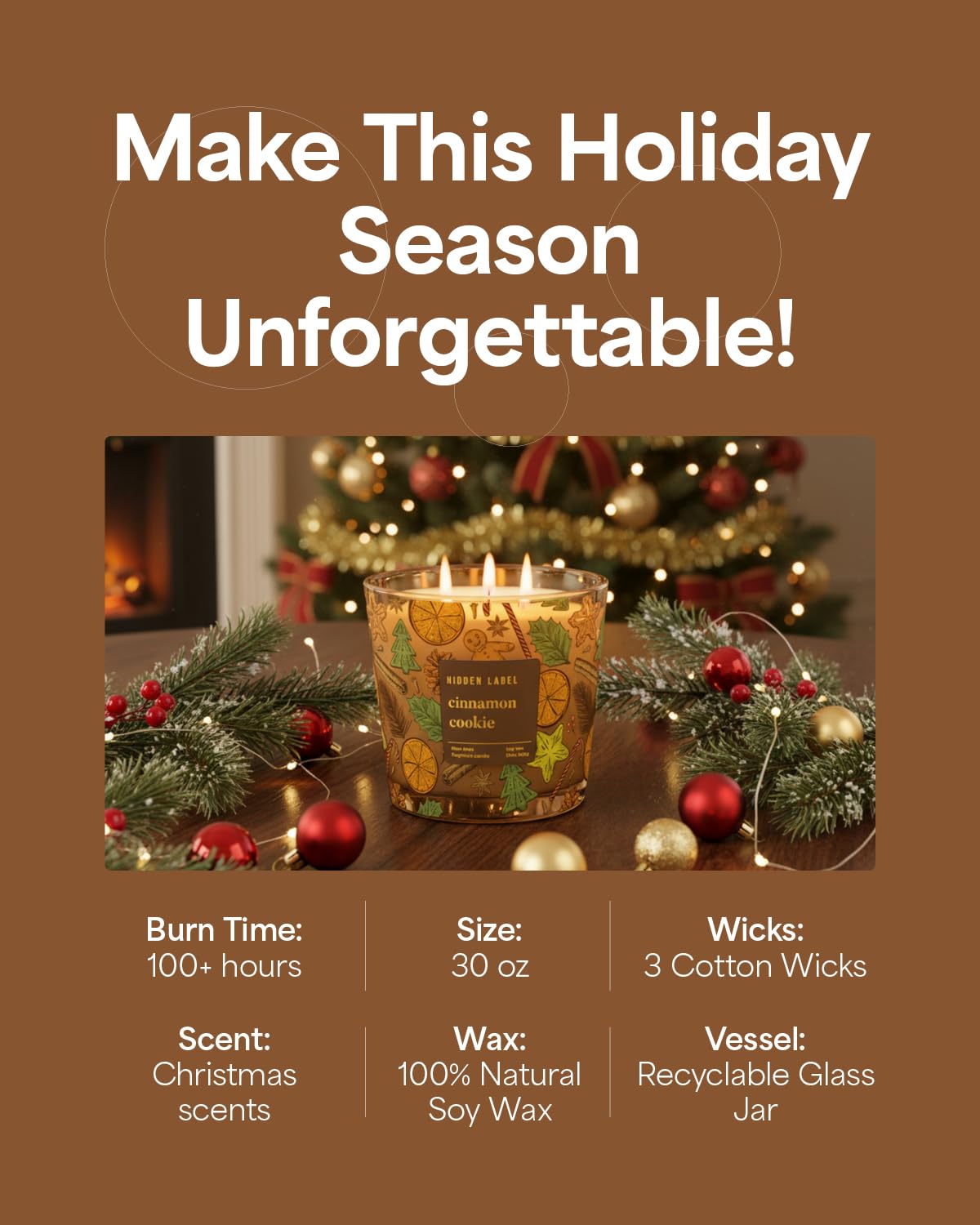 Cinnamon Cookie Scented Candle, 30oz Large 3 Wick Natural Soy Wax Holiday Candle, 100 Hours Long Lasting Clean Burn Winter Christmas Candle for Home, Luxury Home Décor & Gift for Women & Family