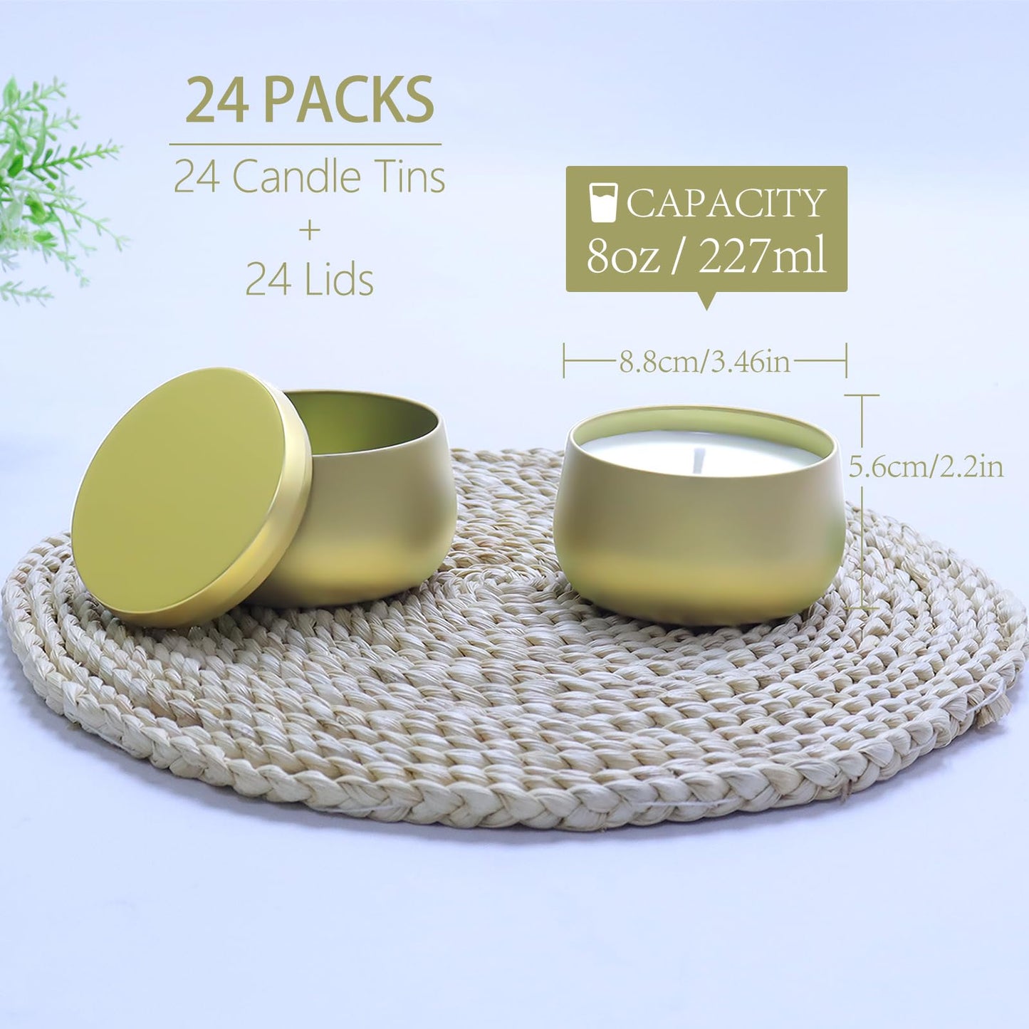 HOMAMAMOON 24 Pack 8oz Glod Candle Tins for Making Candles - Bulk Metal Candle Containers with Lids. Empty Round Candle Jars for DIY & Travel. Shatterproof & Sturdy Vessels for Small Business.