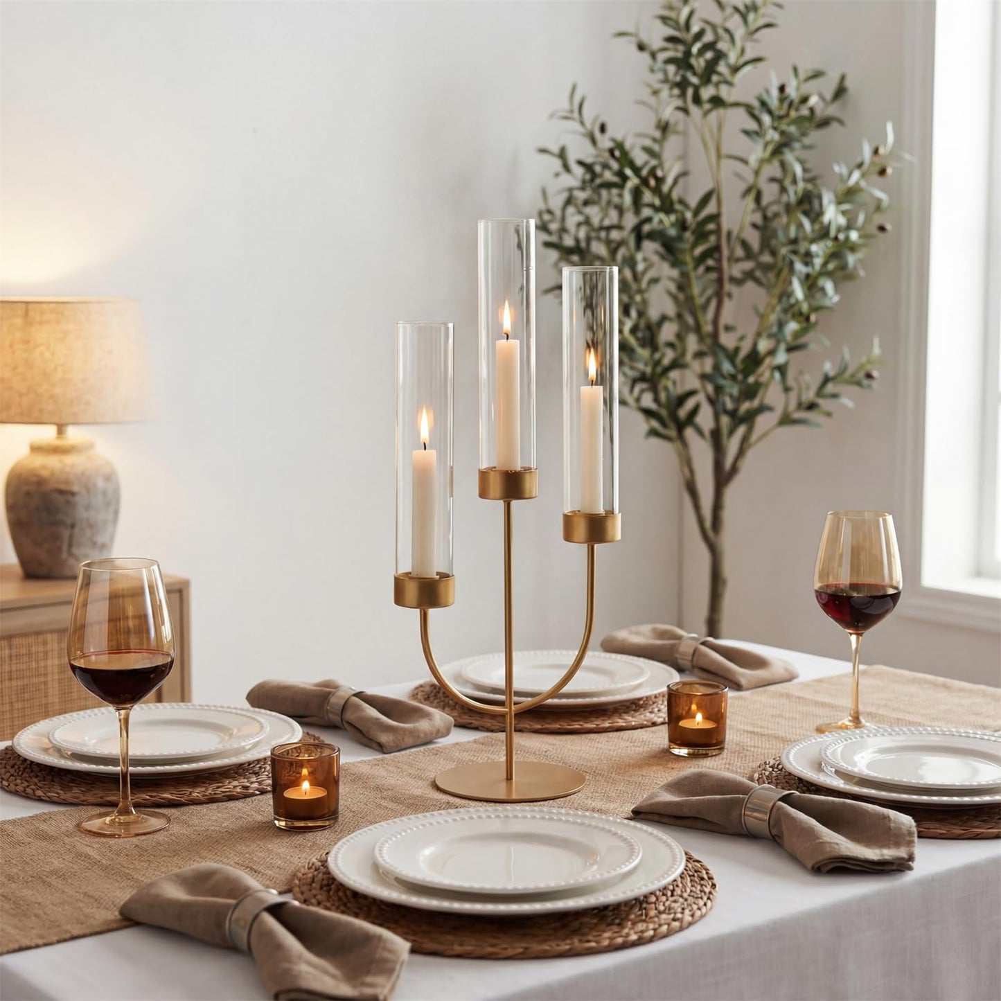 Sziqiqi Candelabra Gold Candlestick Holders: 3 Arm Candelabra Centerpiece with Glass Hurricane for Dining Table Fireplace - Modern Candle Holders for Wedding Christmas