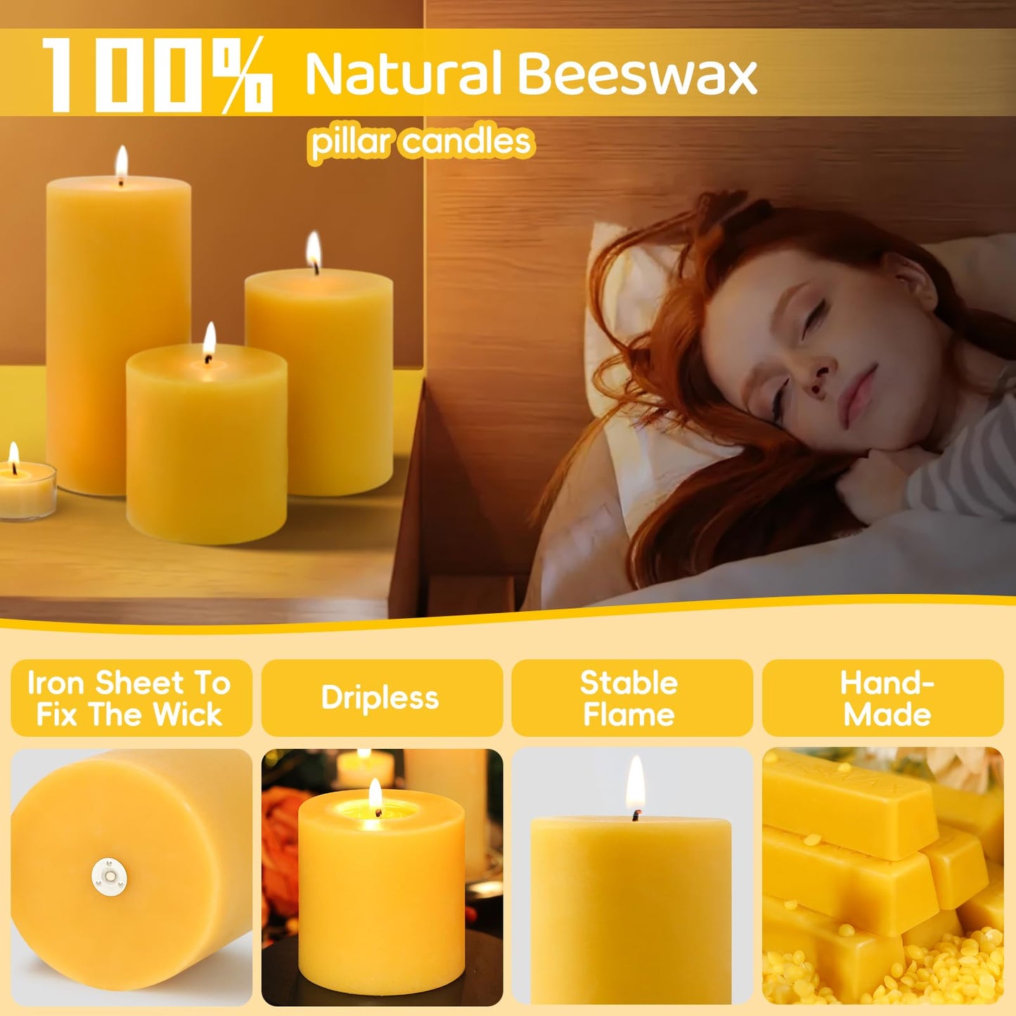 3 Pack Natural Beeswax Pillar Candles-213 Hours Long Burning,Natural Air Purifying Candle,Non-Toxic,Unscented Bees Wax Candle for Dinner Table Centerpieces,Spa,Meditation&Wellness (3x3,3x4,3x6in)