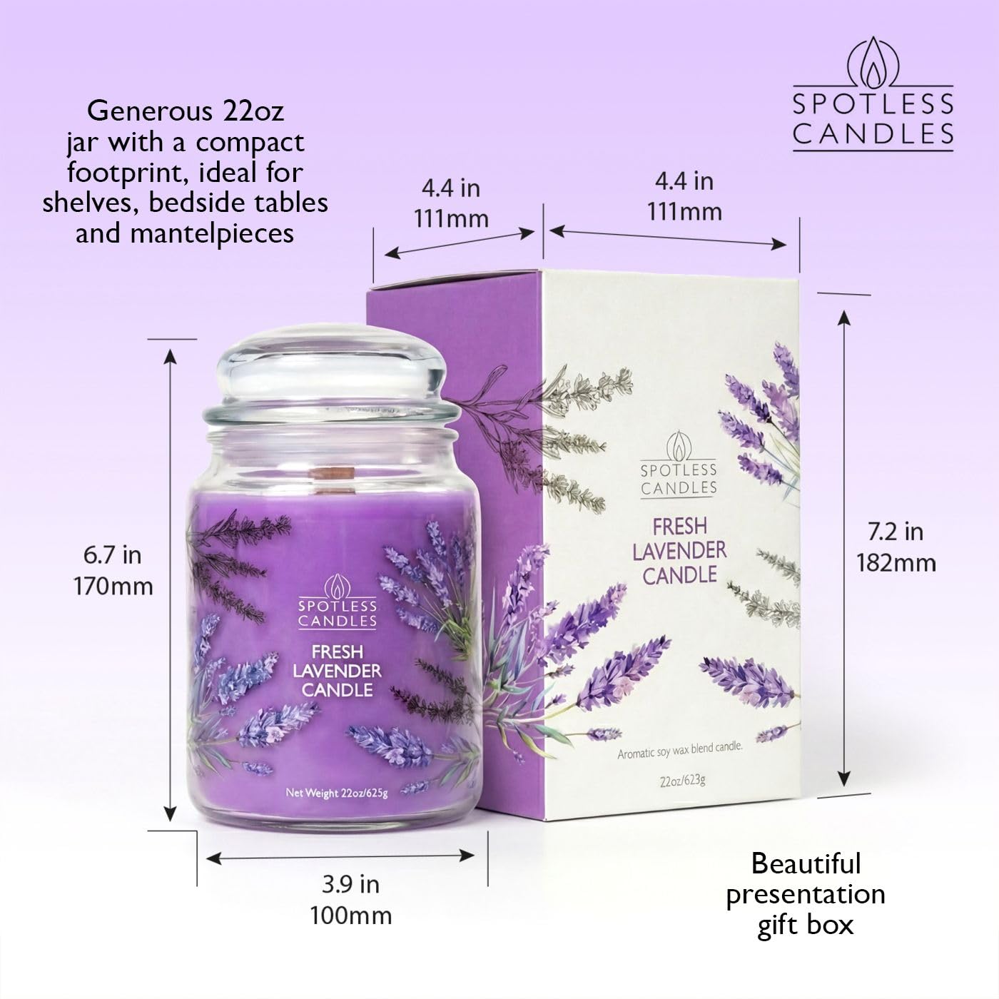 Lavender Candle 22oz: 130 Hours Burn Time, Large Jar Candle with Wooden Wick in a Decorated Jar with a Luxury Gift Box and Protective Shipper by Spotles Candles