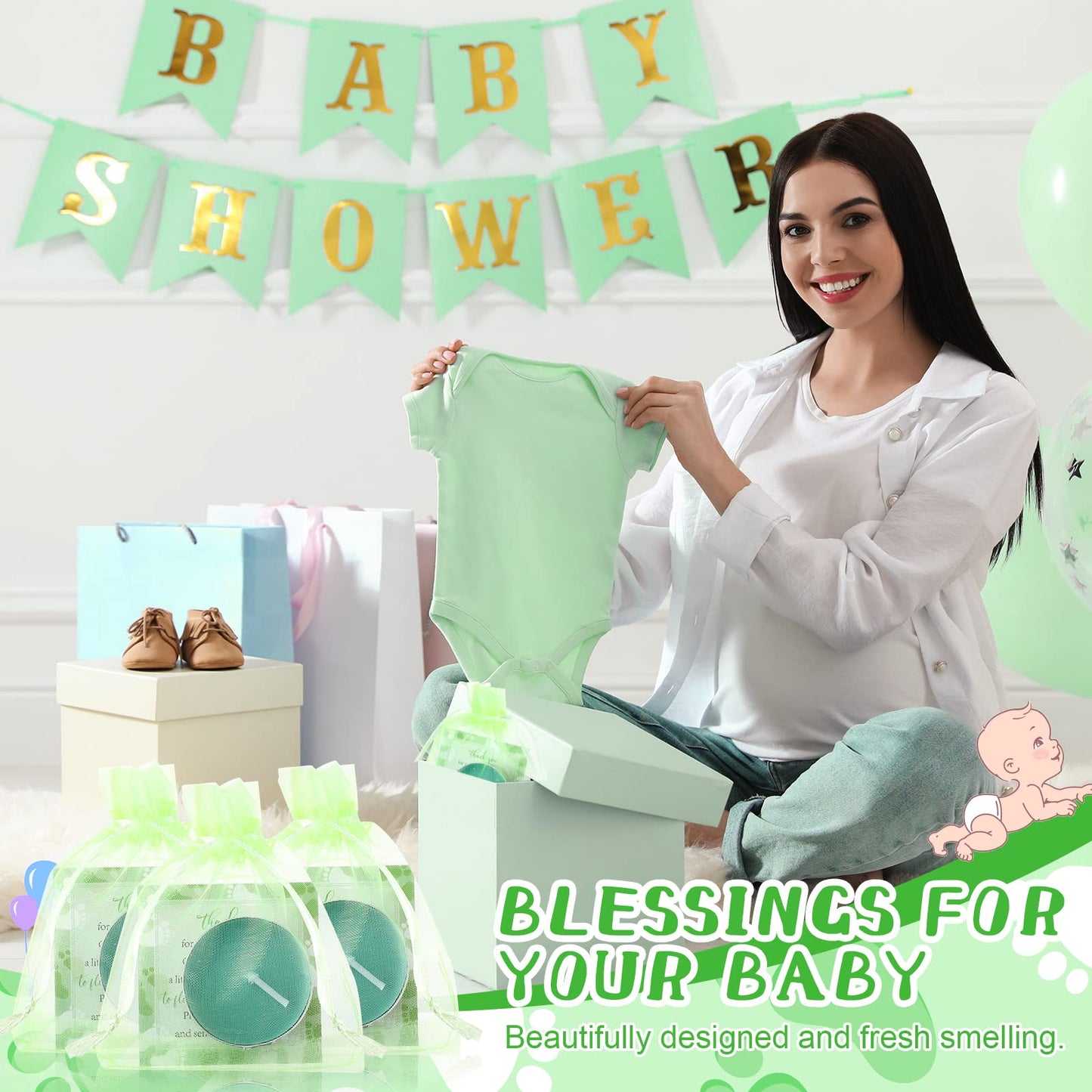 50 Sets Baby Shower Party Favors Including 50 Pcs Unscented Tealight Baby Shower Candles Gift Bags Cards for Gender Reveal Party Supplies(Green)