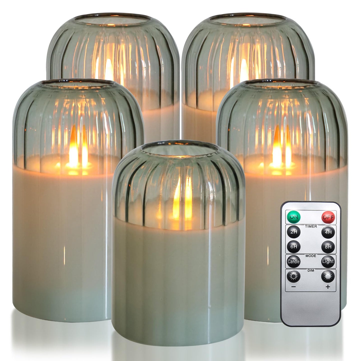 MUMCHASI Green Flameless Battery Operated Candles with Remote, Set of 5 Glass Jar LED Candles with Dancing Flame, Flickering Electric Candlelight for Home Wedding Party Decor H4”5”5”6" 6”