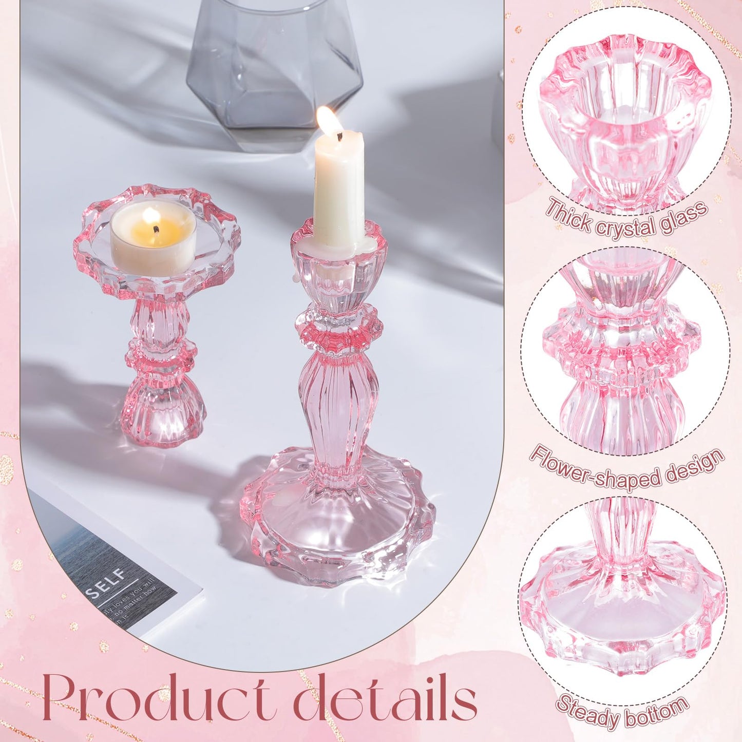 Ferrochef 12 Pack Glass Candlestick Holders Set 4.3/6.1'' Taper Stripe Candle Holder Bulk Floral Shape Crystal Decorative Candle Stand Centerpiece for Table Wedding Dining (Pink)