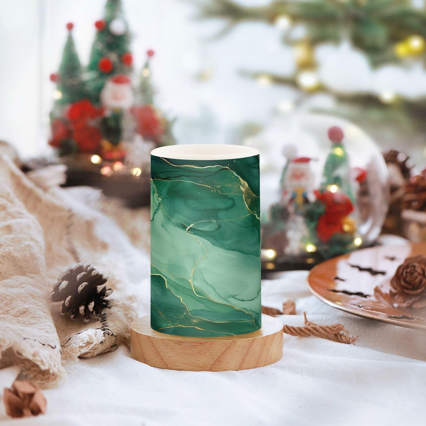 senya Lights Flameless Candles Green Marble Texture Pillar Candles Set of 2 Battery Operated Remote Control Warm Lights Home Decor