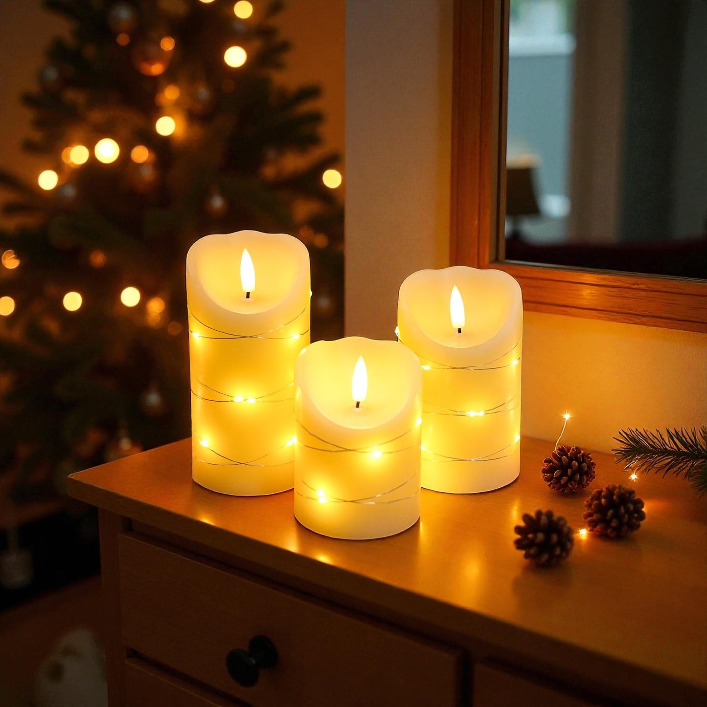 JHY DESIGN Flickering Flameless Candles Real Wax Electric with Embedded String Lights, Battery Operated Pillar LED Candles for Gift, Christmas & Home Decorations, with Remote & Timer, Set of 3(Ivory)