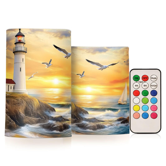WEVIBOFU Lighthouse Ocean Seagulls Sailboat Flickering Flameless Candles LED Battery Operated with Remote Timer Pillar Candles for Home Birthday Wedding Christmas Decor, Set of 2
