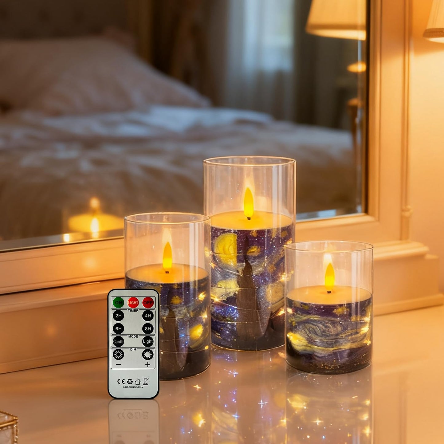 NjaoHoo Flickering Flameless Candles, Recessed String Light LED Candles Acrylic Battery Operated LED Pillar Candles Van Gogh Art Painting Style for Home Decor Set of 3(Starry Night Printed)