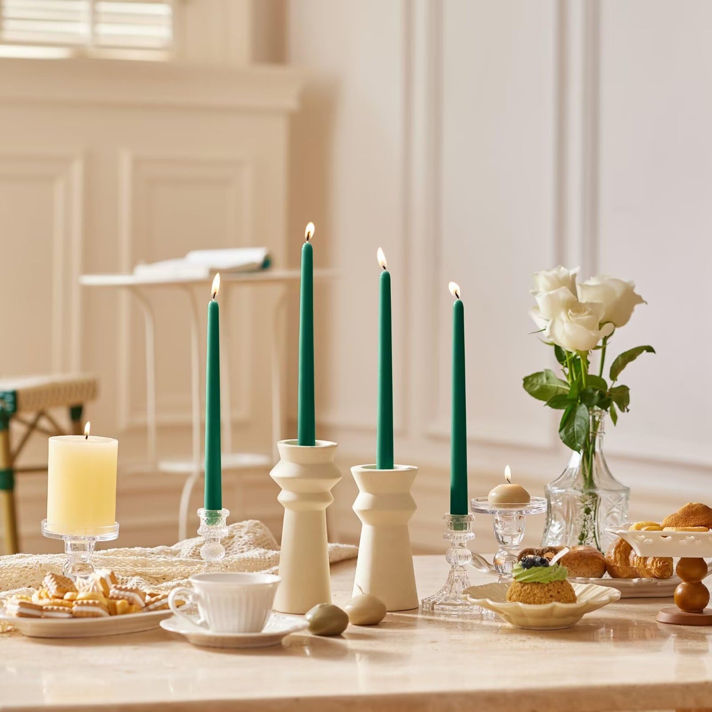 Pickood 12-Inch Tall Dripless Taper Candles Set of 4 - Emerald Tapered Candles, Perfect for Spring - Smokeless, Unscented, Long Burning - Hand Poured, Colored Tall Candlesticks - Jade