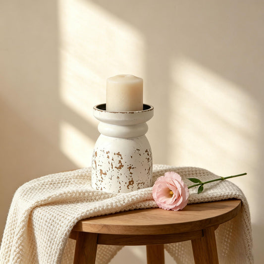SOFE Rustic Distressed White Candle Holder, 6 Inches Tall Wooden Candle Stands for Pillar Candles, Vintage Candle Pedestal for Home Table Mantle Decorations, House Warming Gift