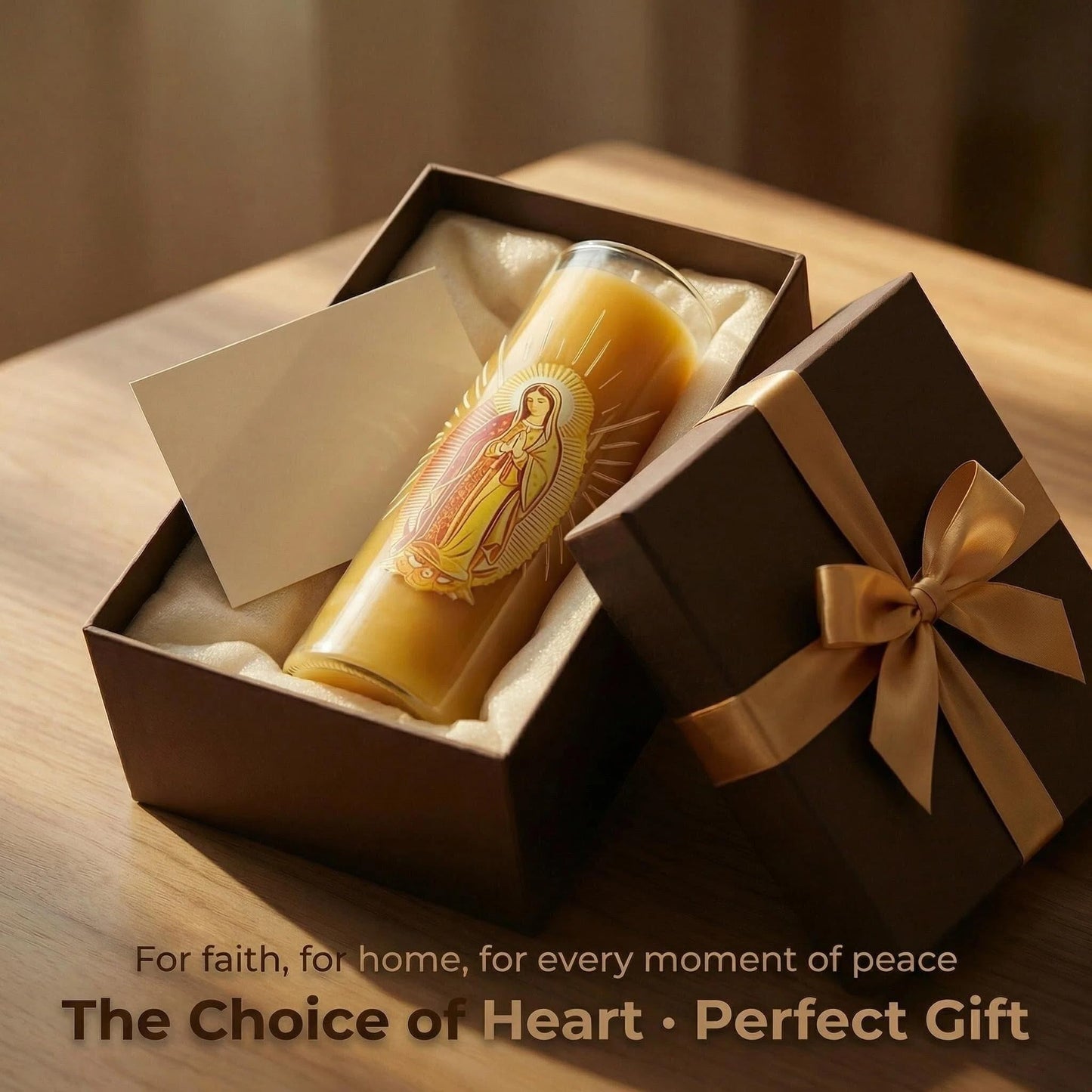 Virgen de Guadalupe Glass Beeswax Pillar Candle, 80-Hour Long Burning Smokeless Dripless Emergency Candle for Church, Prayer & Meditation, Christian Gifts for Women (Yellow, White)
