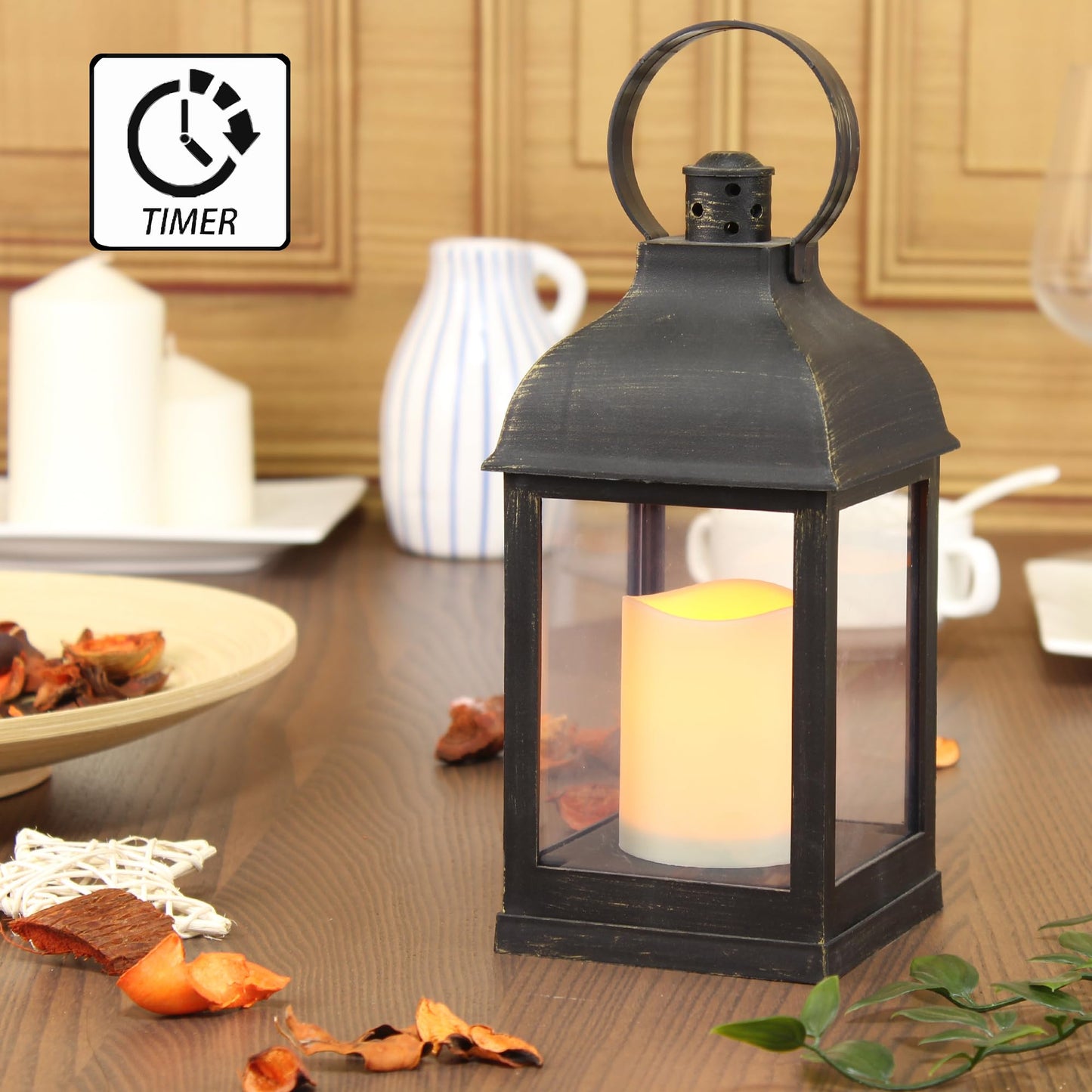 WRalwaysLX 2pack Decorative Lantern with flameless LED Candle Light, ON/Off/Timer Candle with 6Hours, Outdoor/Indoor LED Lantern, Use AAA Battery(not Include) Bronze Plastic (4x9)