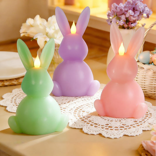 Leorate 3PCS Easter Bunny Flameless Candles – 7.5" Battery Operated LED Rabbit Candles with Flickering Flame, Green Purple Pink Real Wax Finish for Easter Decor, Table Centerpiece & Spring Home