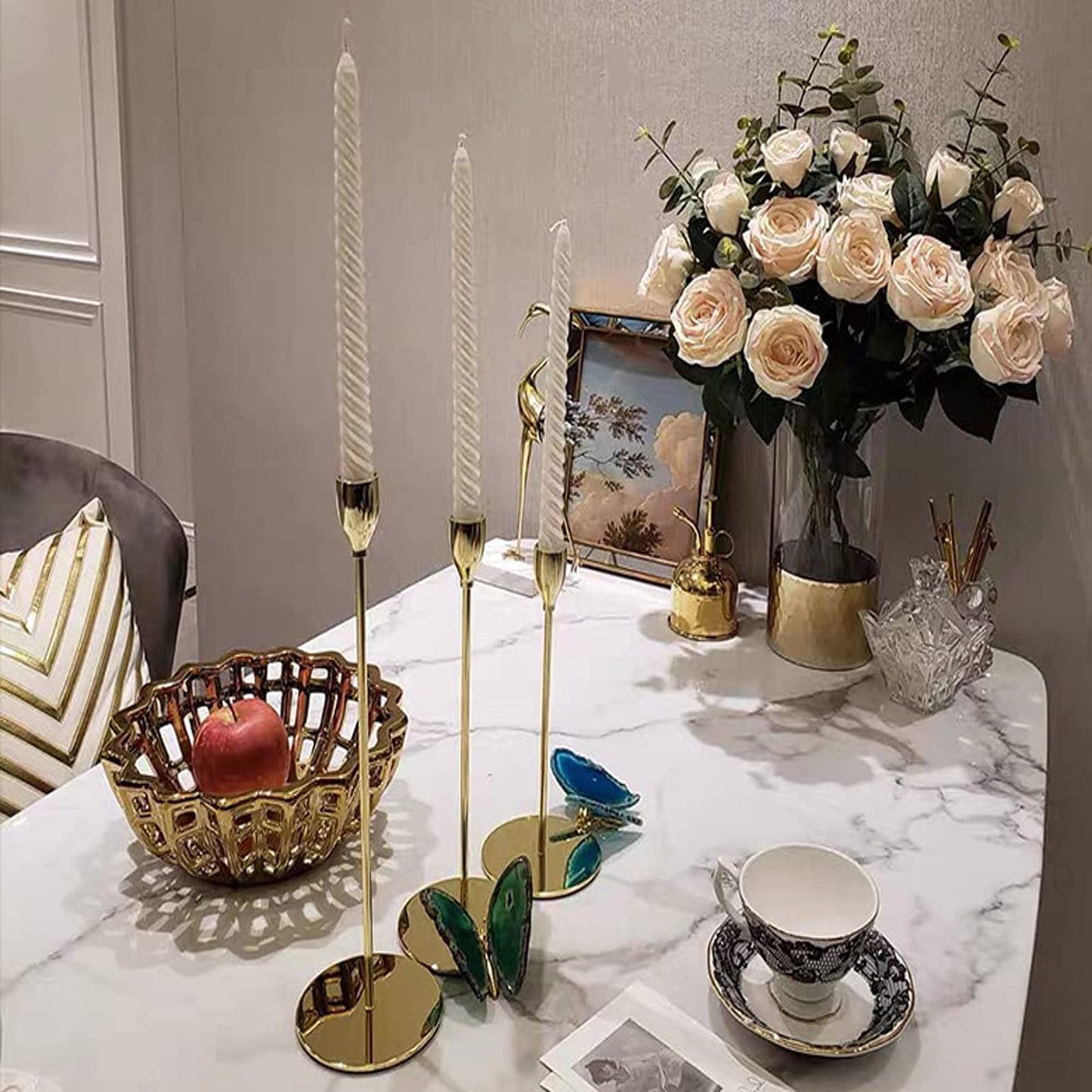 Gold Taper Candle Holders, Set of 6 Gold Candlestick Holders Taper Candle Holders fits 3/4" Thick Pillar Candle Led Modern Metal Candles, Elegant Stands Decorative Table Candle Holder