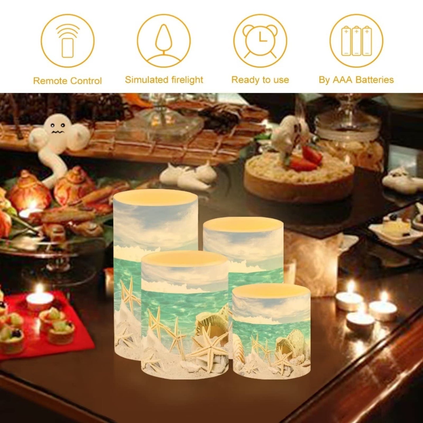 NETILGEN LED Flickering Candles Battery Operated Candles Set of 4 with Remote Control Timer Dancing Flame Pillar Candles Home Table Coastal Decoration, Beach Sky with Starfish