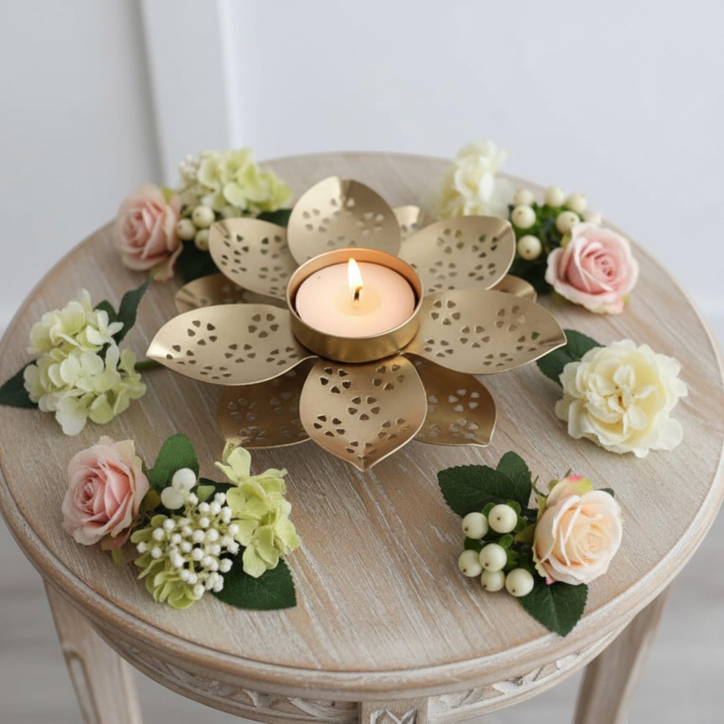 Decorative Metal Tea Light Candle Holder, Gold, Flower Design with Heart Pattern Cutouts, 3 Inch