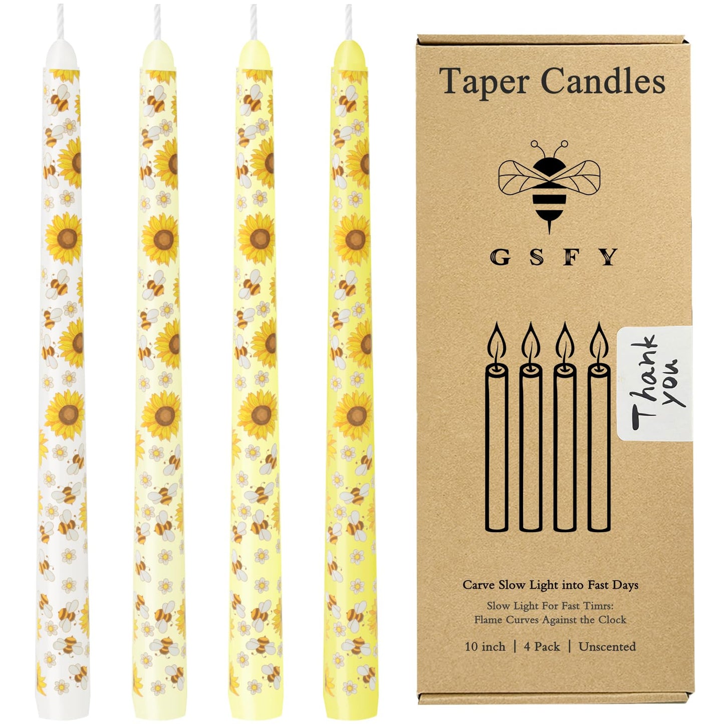 10 Inch Taper Candles with Honeybee Design – Smokeless Dripless Yellow Dinner Candles for Table, Party, Farmhouse Decor (4-Pack Assorted Yellow B)