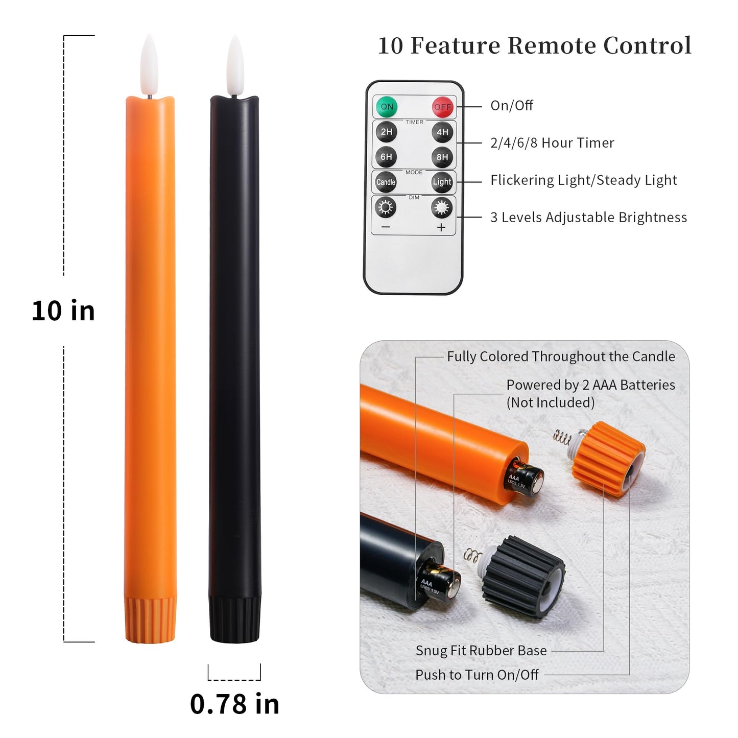 Stmarry Orange and Black Flameless Taper Candles with Remote - 10 Inch LED Candlesticks Flickering, Realistic 3D Flame with Wick, Warm White Light, Home Halloween Decor, Timer - Set of 6
