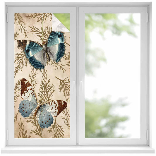 Vintage Butterflies Privacy Window Film, Brown Branch Leaf Plant Insects Stained Glass Film Non-Adhesive Window Clings, UV Blocking Static Sticker Covering Reusable for Home 19.6x39.3in