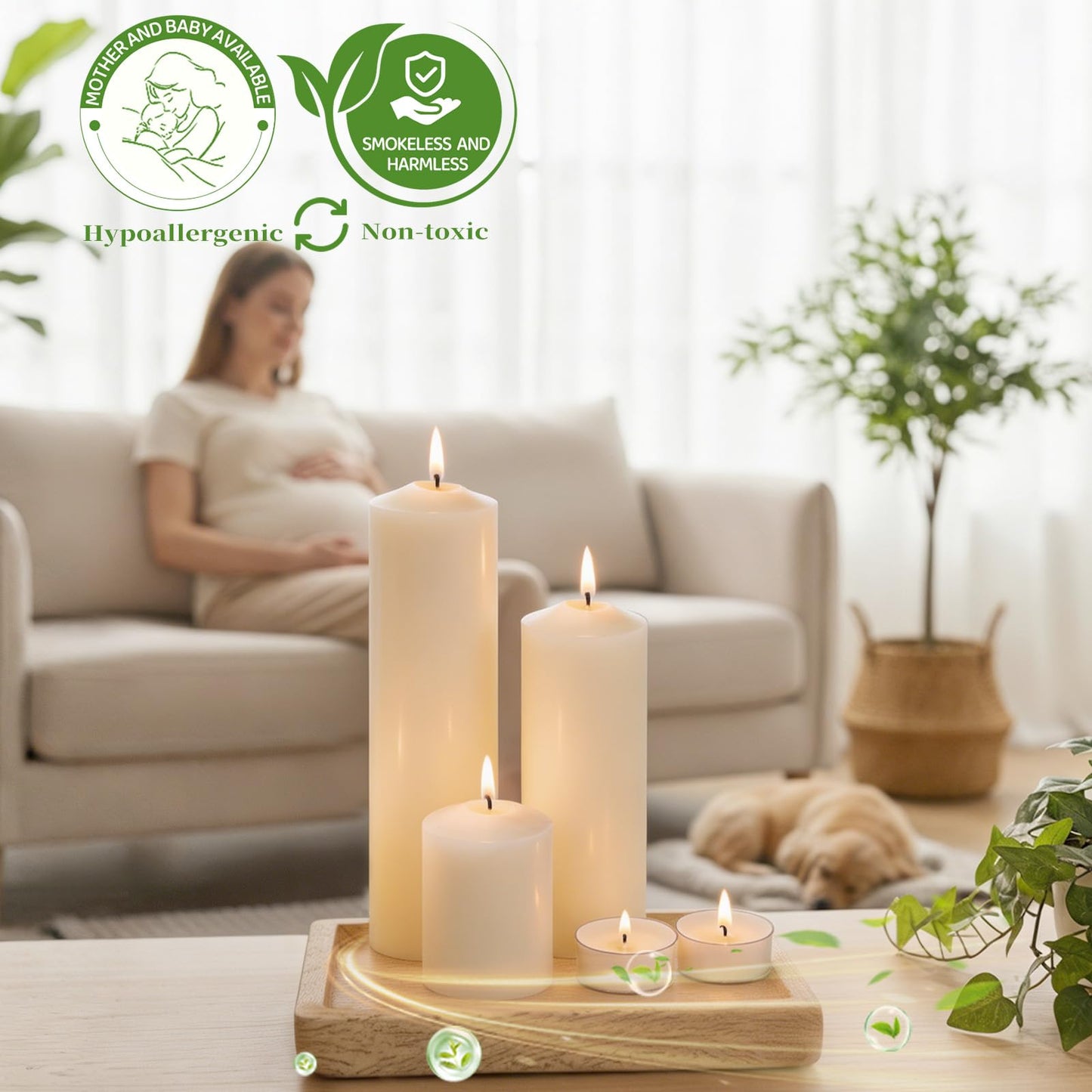 18 Pack Soy Wax Pillar Candle Set for Weddings & Home Decor, Layered Candle Kit with 6 of Each Size (2x3, 2x6 & 2x8) and 12 Tea Lights, Dripless Long Burning White Candles for Centerpieces &Parties