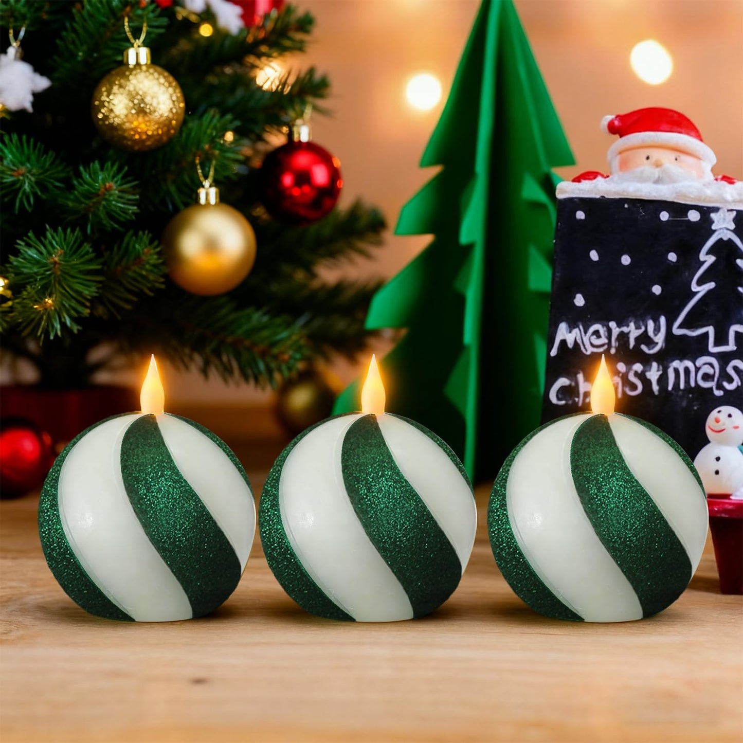 Set of 3 Christmas Sphere Candy-Cane Flameless Candles, Green&White Real Wax Flickering Ball Candles Battery Operated with Remote, Candy Cane Christmas Decorations,Xmas Party Tables Centerpieces Decor