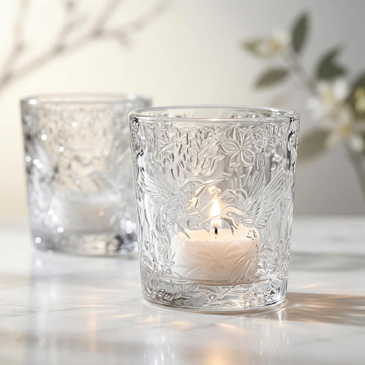 6 Pack Hummingbird Embossed Glass Candle Holders Votive Tealight Holders with Patent Design, Decorative Cups for Wedding Centerpieces, Parties, and Home Decor (Crystal Clear)