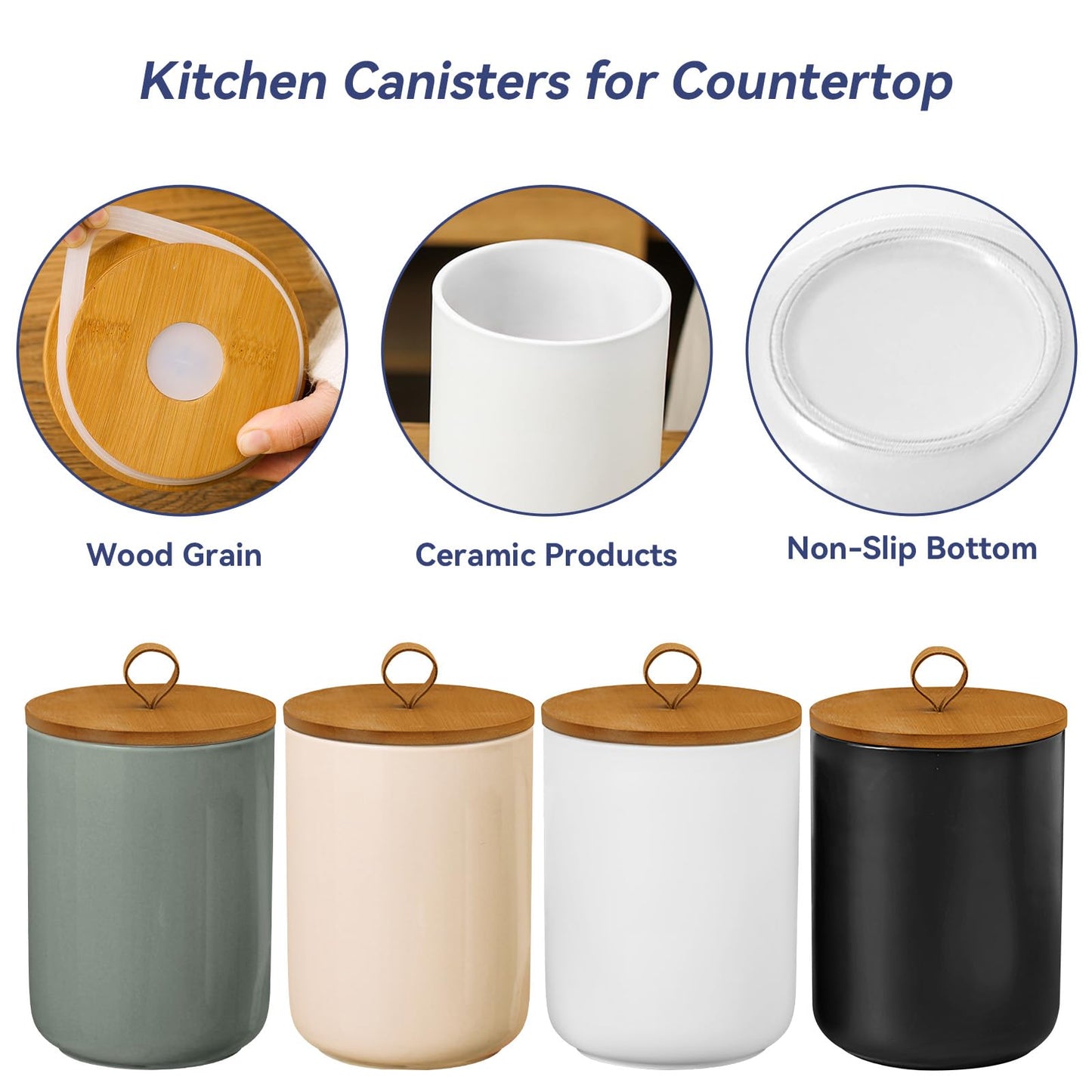 Jueison Large Ceramic Storage Jars, Modern Elegant Highly Polished Airtight Gorgeous Storage Canisters with Wooden Lid Food Storage Jar for Kitchen Spice Tea Vanilla Sugar Coffee Beans (Light grey)