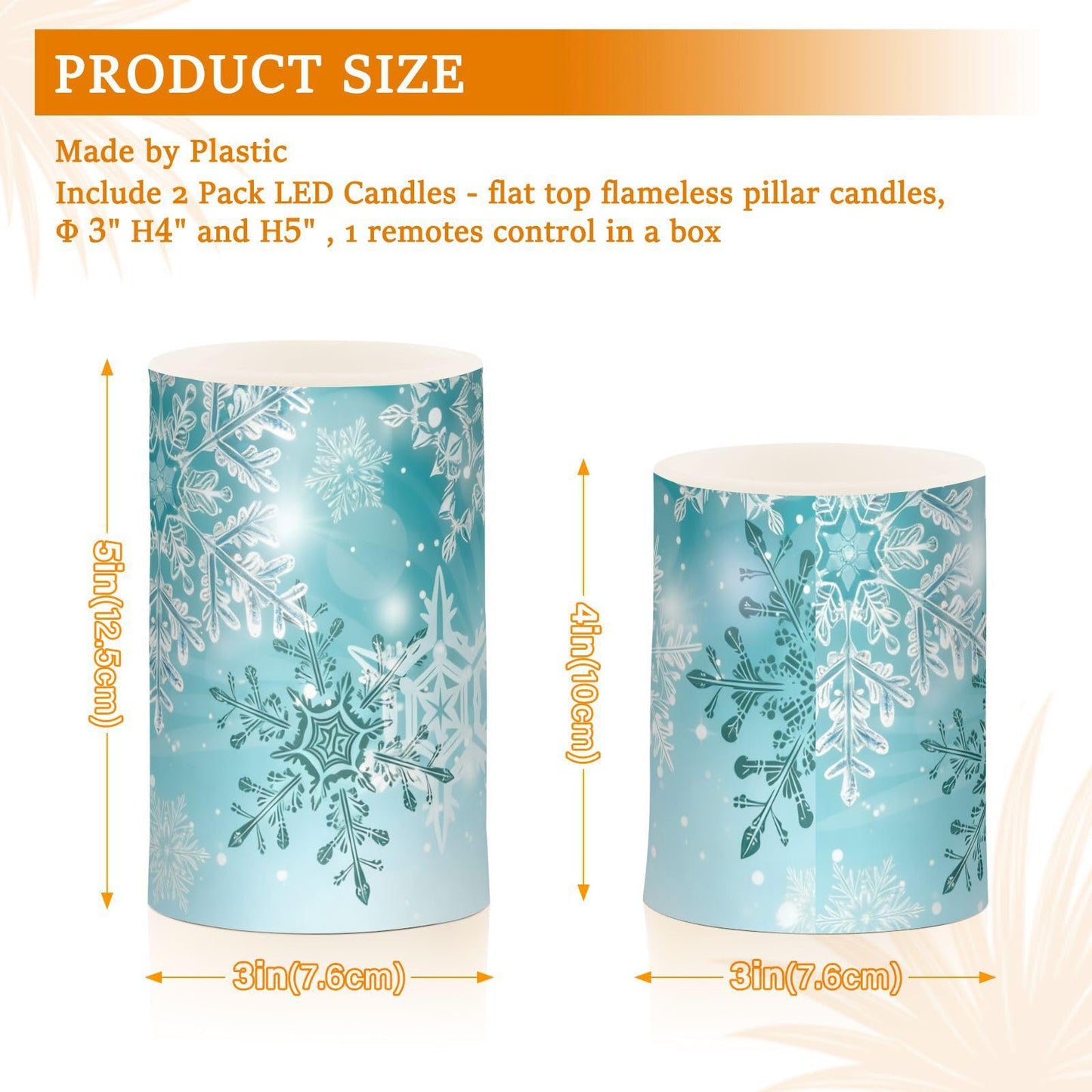 Christmas Lights Decorations Flameless Candles Silver Winter Teal Turquoise Snowflakes Christmas Pillar Candles Set of 2 Battery Operated Remote Control Warm Lights