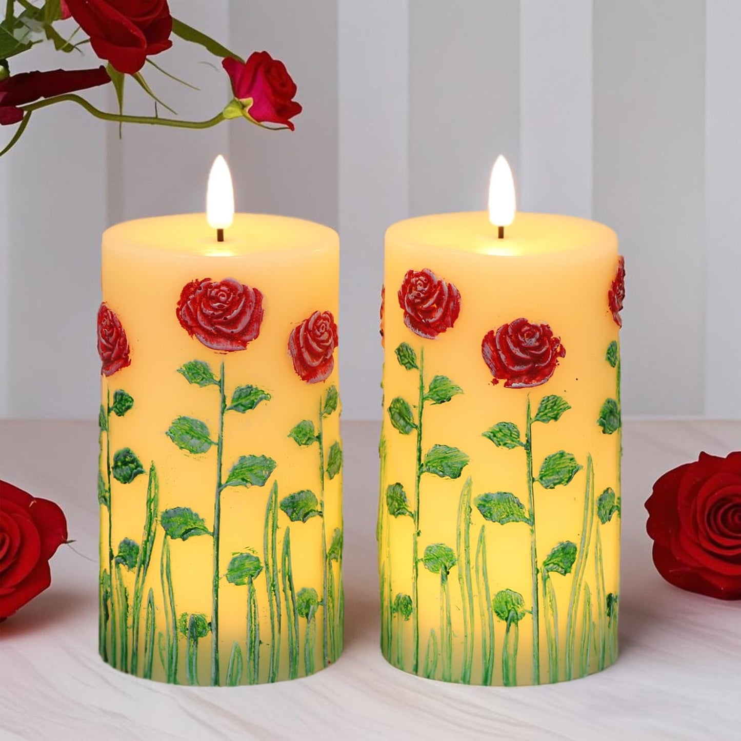 DRomance Roses Flower Flameless Candles Battery Operated with 6 Hour Timer 3D Wick Flickering LED Pillar Candles Real Wax Hand-Painted Dinner Christmas Holiday Decor(2 Pack, 3" D x 6.5" H)