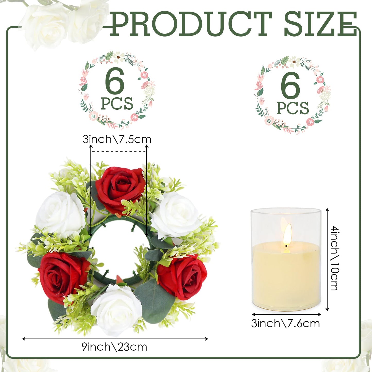 Acmee Crimson Rose Candle Rings with Flameless Candles Sets - 12PCS Artificial Flower Eucalyptus Wedding Centerpiece 3 Inch Pillar Candleholders Wreaths for Wedding Party Decor (Crimson - 6 Sets)